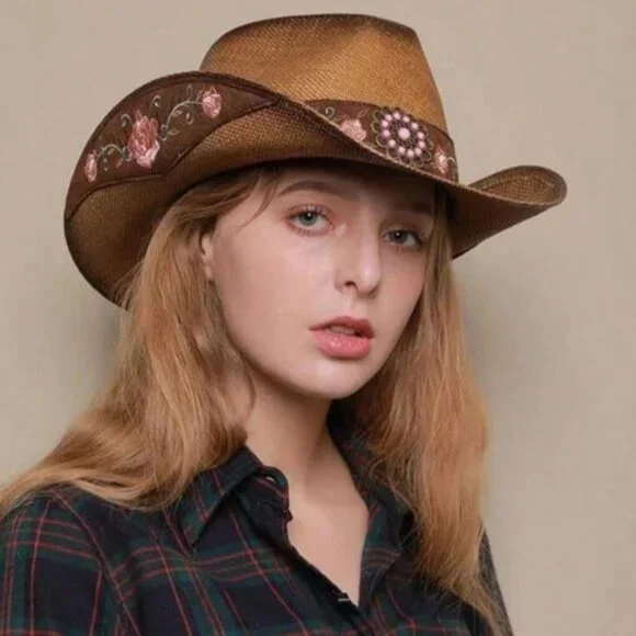 Western Straw Floral Embroidered Festival Cowboy hat - Picture 2 of 6